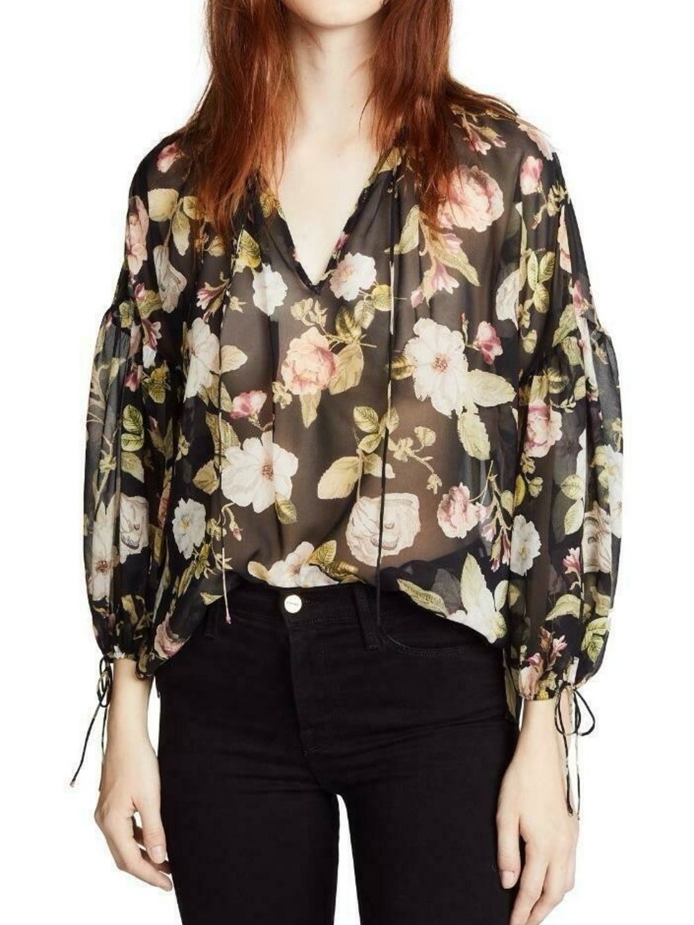 Alice + Olivia Silk Floral Blouse 🌸 Sheer Boho Tie Neck Size S